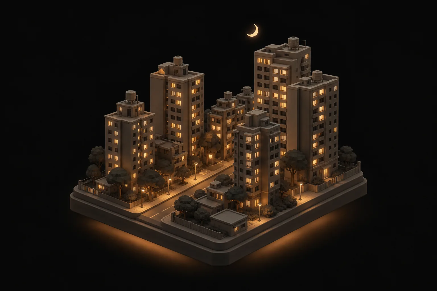 Miniature Singapore apartment towers at night, most windows glowing amber, a few already dark.