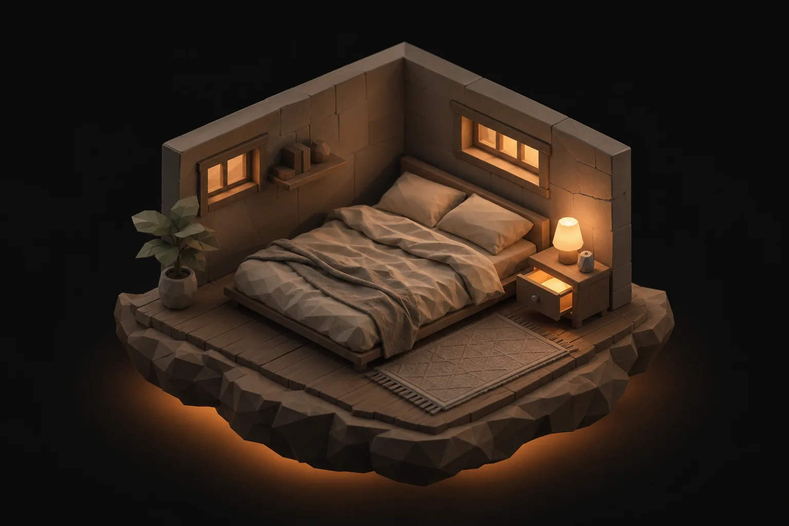 Miniature bedroom with a low bed, a lamp, and a nightstand drawer glowing softly from inside.