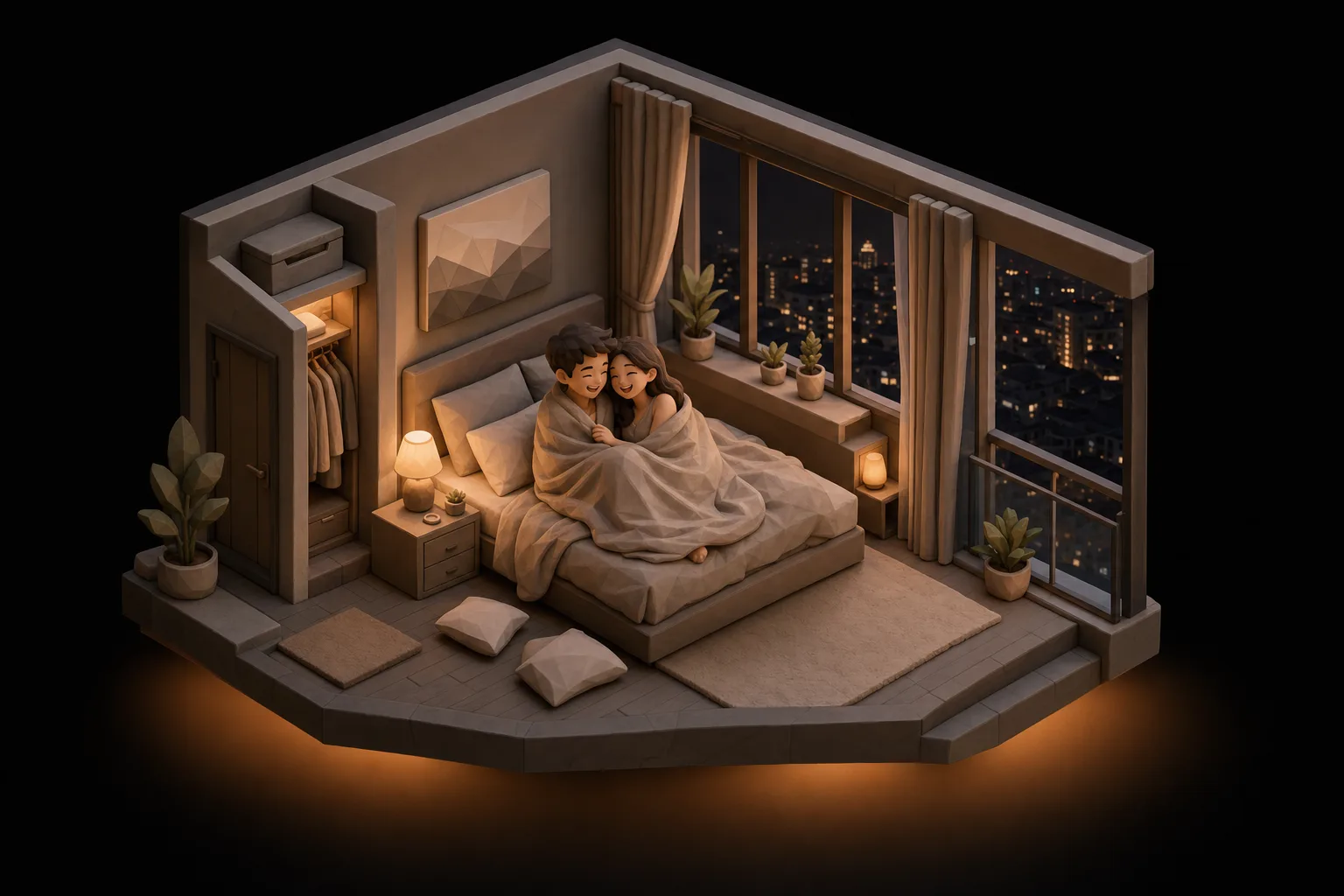 Miniature condominium bedroom with a couple laughing together on the bed under one blanket.