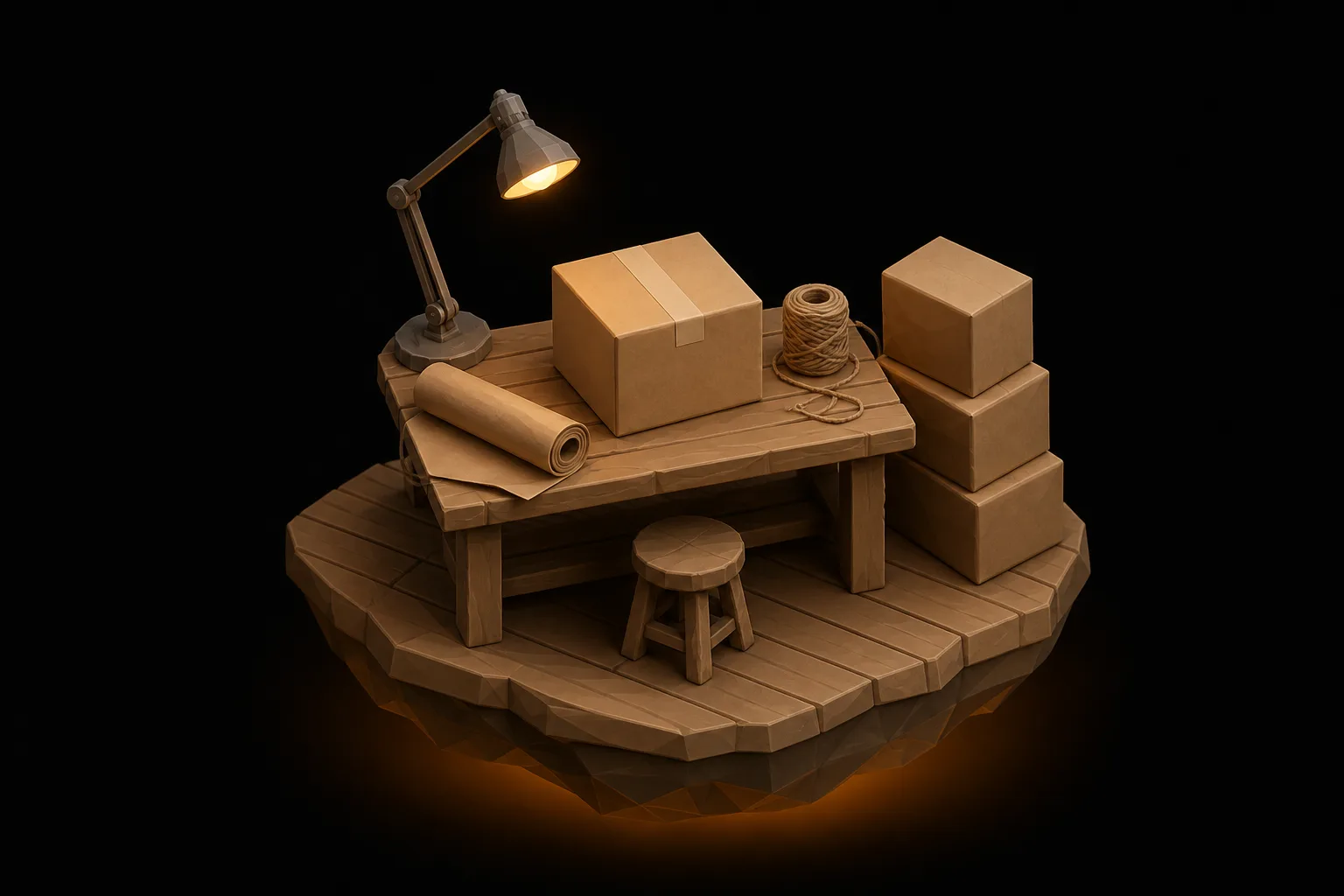 Miniature packing bench with plain kraft boxes, paper tape, and a work lamp.